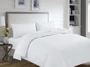 4 Pcs White Complete Bedding set Plain Dyed Duvet Cover, Two Pillow cases & Fitted sheet Poly Cotton Soft Breathable in all sizes (single,double,king,s-king)