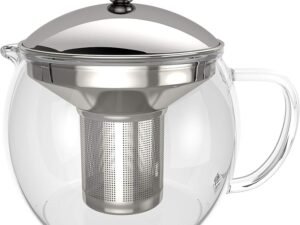Bon VIVO Glass Teapot with Infuser-50oz, Heat-Resistant Loose Leaf Tea Maker with Removable Stainless Steel Stainer and Silver Lid